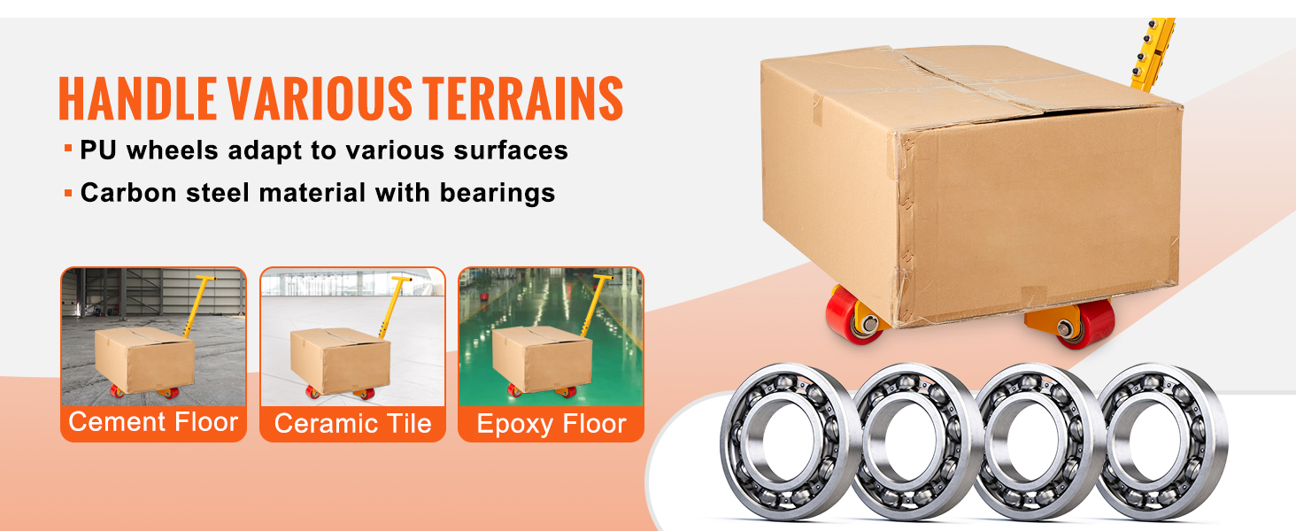 VEVOR machinery skate dolly with pu wheels for various surfaces; cement, ceramic, and epoxy floors.