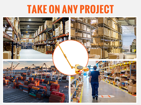 warehouse and shipping containers with VEVOR machinery skate dolly for efficient project handling.