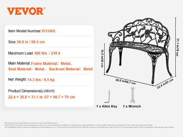 VEVOR outdoor bench with floral design, size 38.8in x 31.1in x 22.4in, metal material, max load 480 lbs.