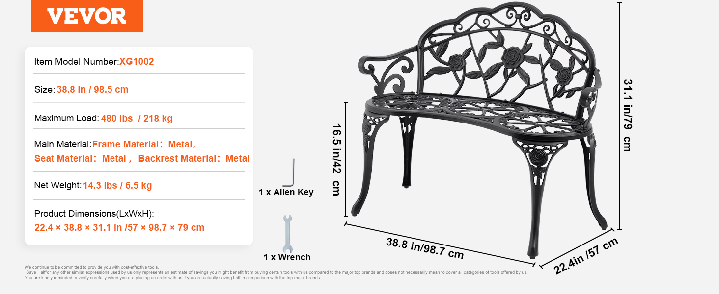 VEVOR outdoor bench with floral design, size 38.8in x 31.1in x 22.4in, metal material, max load 480 lbs.