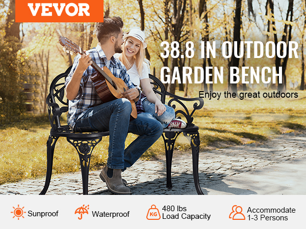 VEVOR outdoor bench in a garden with two people enjoying the outdoors, sunproof, waterproof, 480 lbs load capacity.
