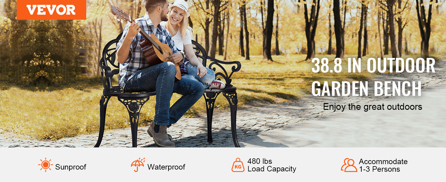 VEVOR outdoor bench in a garden with two people enjoying the outdoors, sunproof, waterproof, 480 lbs load capacity.