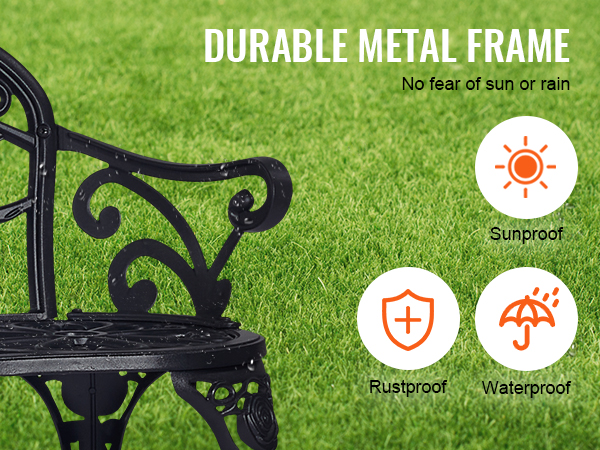 VEVOR outdoor bench with durable metal frame, sunproof, rustproof, and waterproof features on grass.