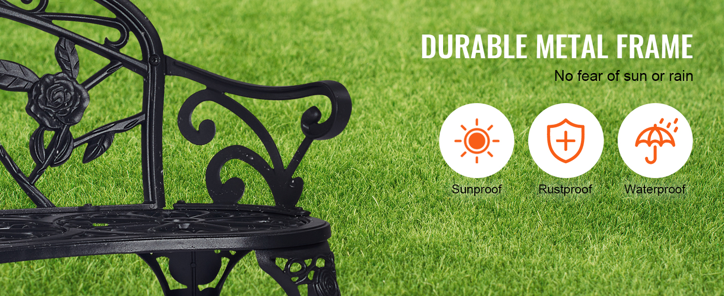 VEVOR outdoor bench with durable metal frame, sunproof, rustproof, and waterproof features on grass.