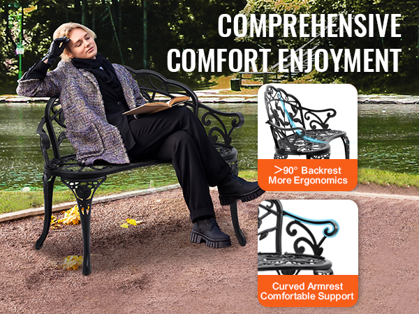 VEVOR outdoor bench by the lake, showcasing ergonomic backrest and comfortable curved armrest.