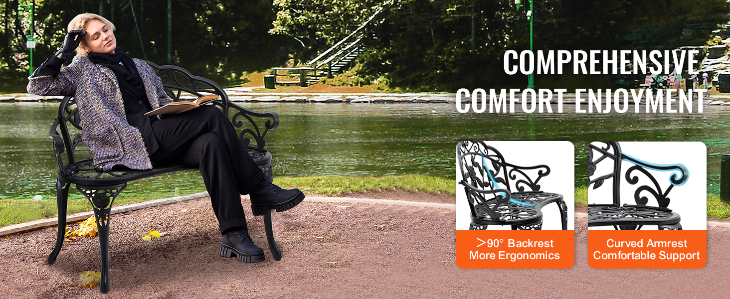 VEVOR outdoor bench by the lake, showcasing ergonomic backrest and comfortable curved armrest.