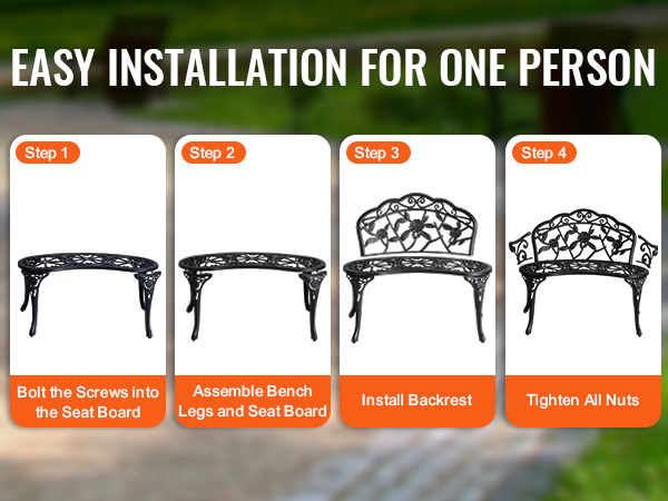 easy installation guide for VEVOR outdoor bench with 4 steps: bolt screws, assemble legs, install backrest, tighten nuts.