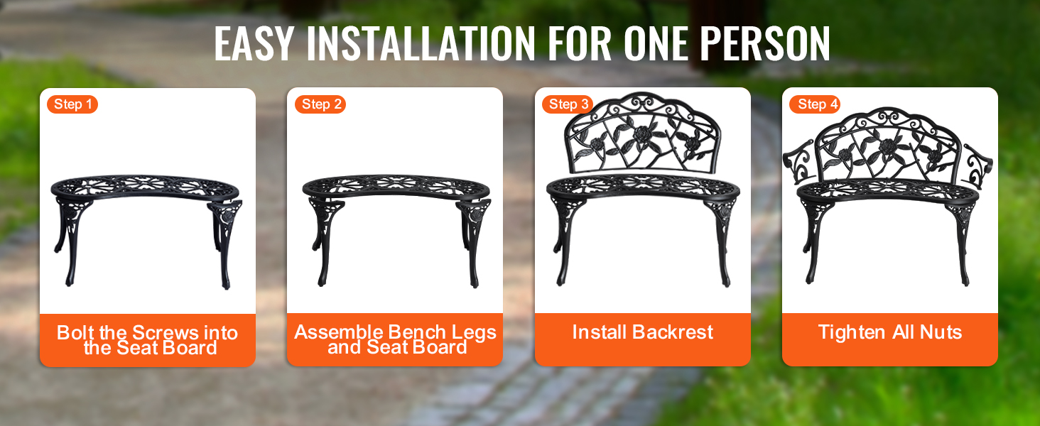 easy installation guide for VEVOR outdoor bench with 4 steps: bolt screws, assemble legs, install backrest, tighten nuts.