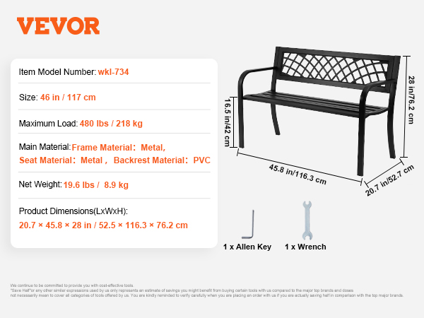 VEVOR outdoor bench, black metal frame, pvc backrest, dimensions, and assembly tools detailed.