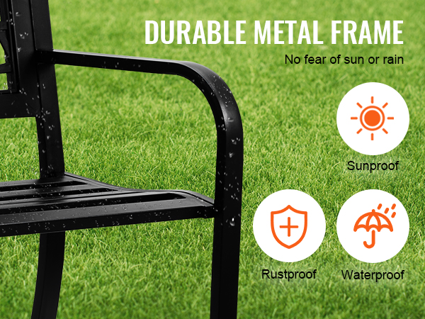 VEVOR outdoor bench with durable metal frame, sunproof, rustproof, and waterproof icons on grass.