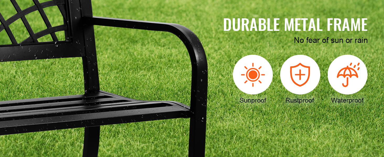 VEVOR outdoor bench with durable metal frame, sunproof, rustproof, and waterproof icons on grass.