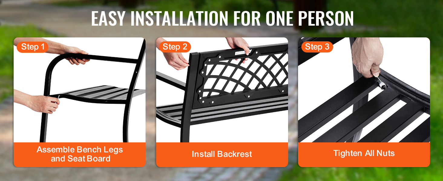 easy installation steps for VEVOR outdoor bench: assemble bench legs and seat board, install backrest, tighten all nuts.