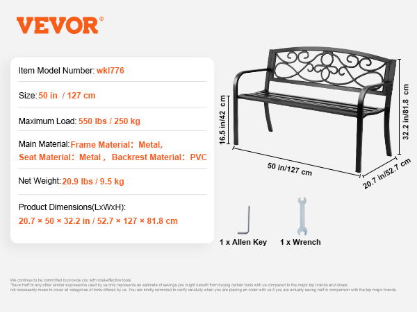 VEVOR outdoor bench with metal frame and pvc backrest, dimensions: 50 in x 20.7 in x 32.2 in.