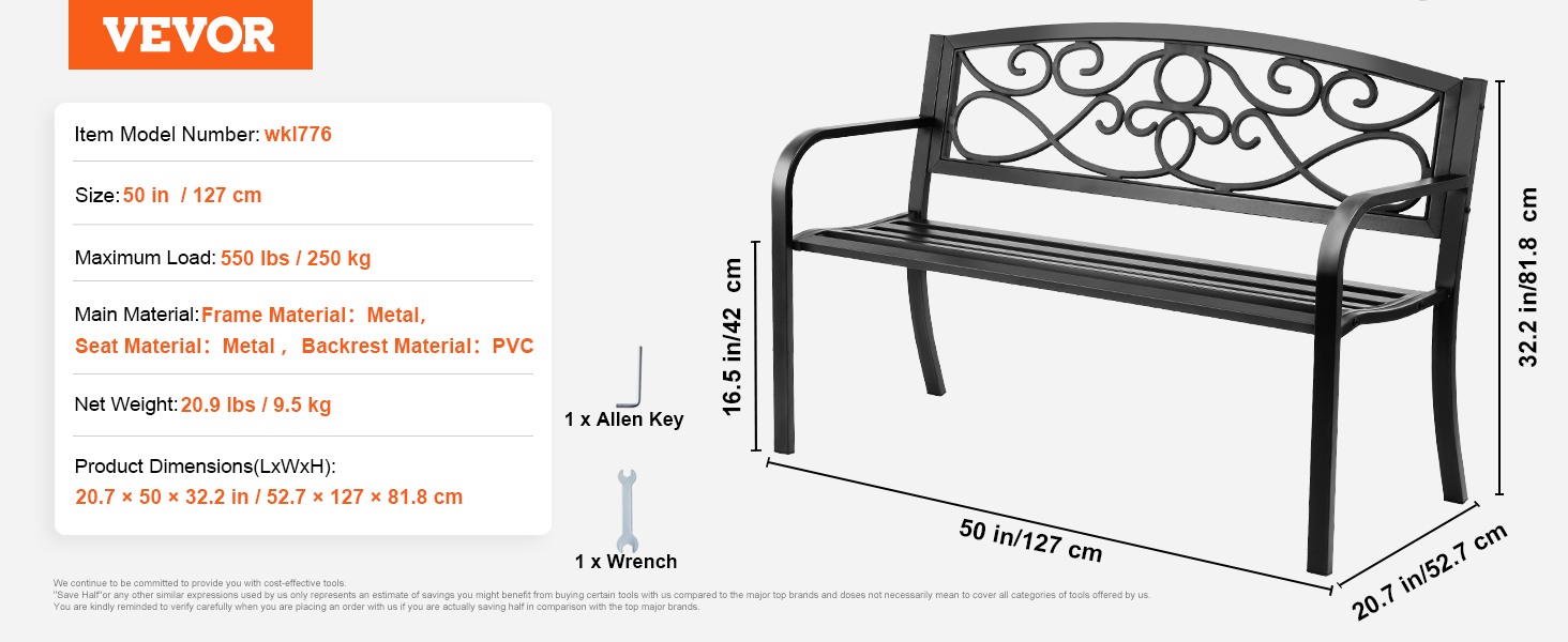VEVOR outdoor bench with metal frame and pvc backrest, dimensions: 50 in x 20.7 in x 32.2 in.