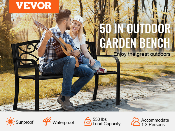VEVOR outdoor bench in a park setting, with a couple sitting, highlighting sunproof and waterproof features.