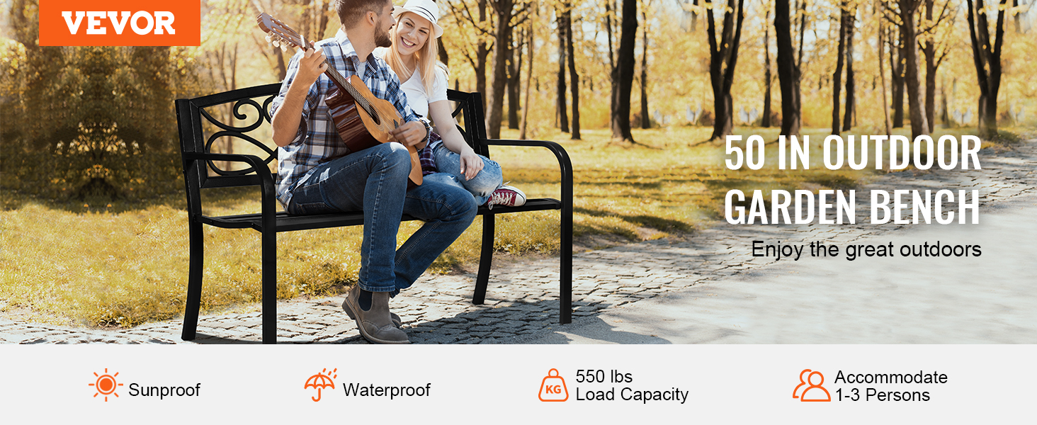 VEVOR outdoor bench in a park setting, with a couple sitting, highlighting sunproof and waterproof features.