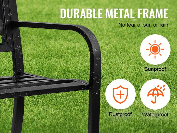 VEVOR outdoor bench with durable metal frame, sunproof, rustproof, and waterproof features.