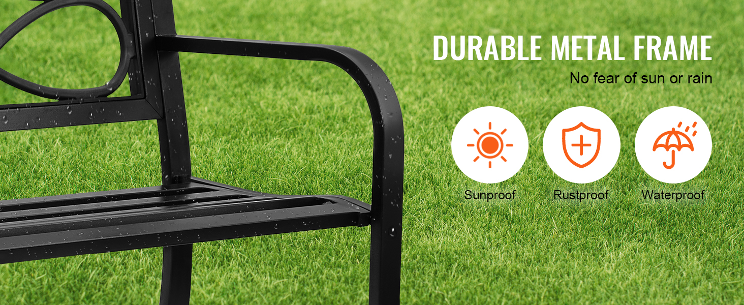 VEVOR outdoor bench with durable metal frame, sunproof, rustproof, and waterproof features.