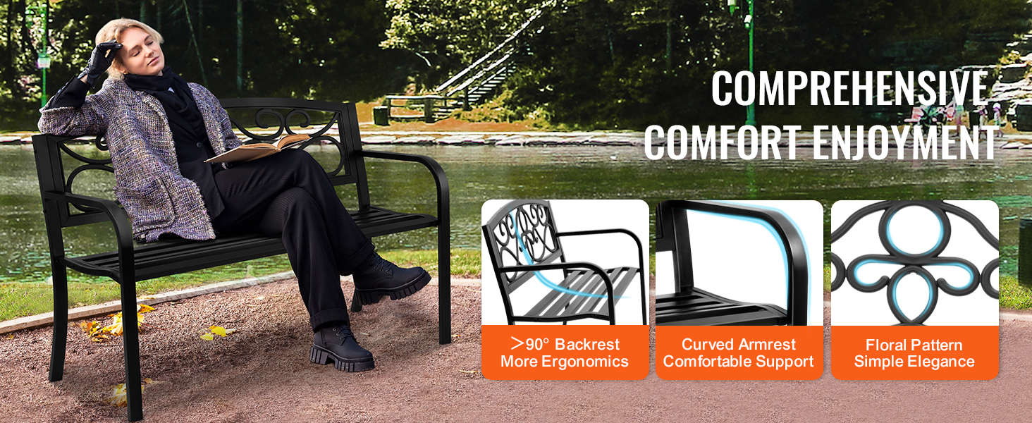 person enjoying a book on a VEVOR outdoor bench near a scenic pond with comfort features highlighted.