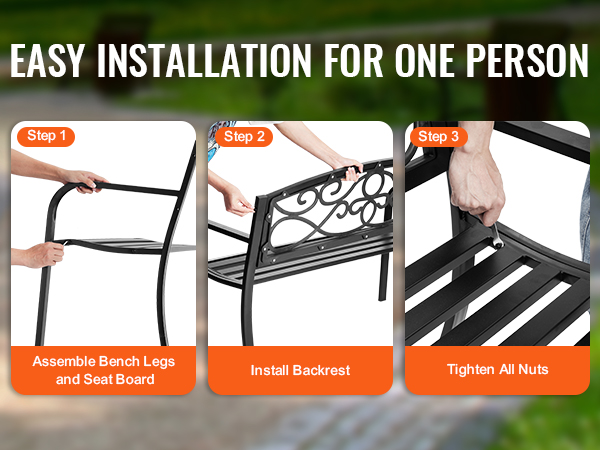 easy installation of VEVOR outdoor bench: assemble bench legs, install backrest, tighten all nuts.