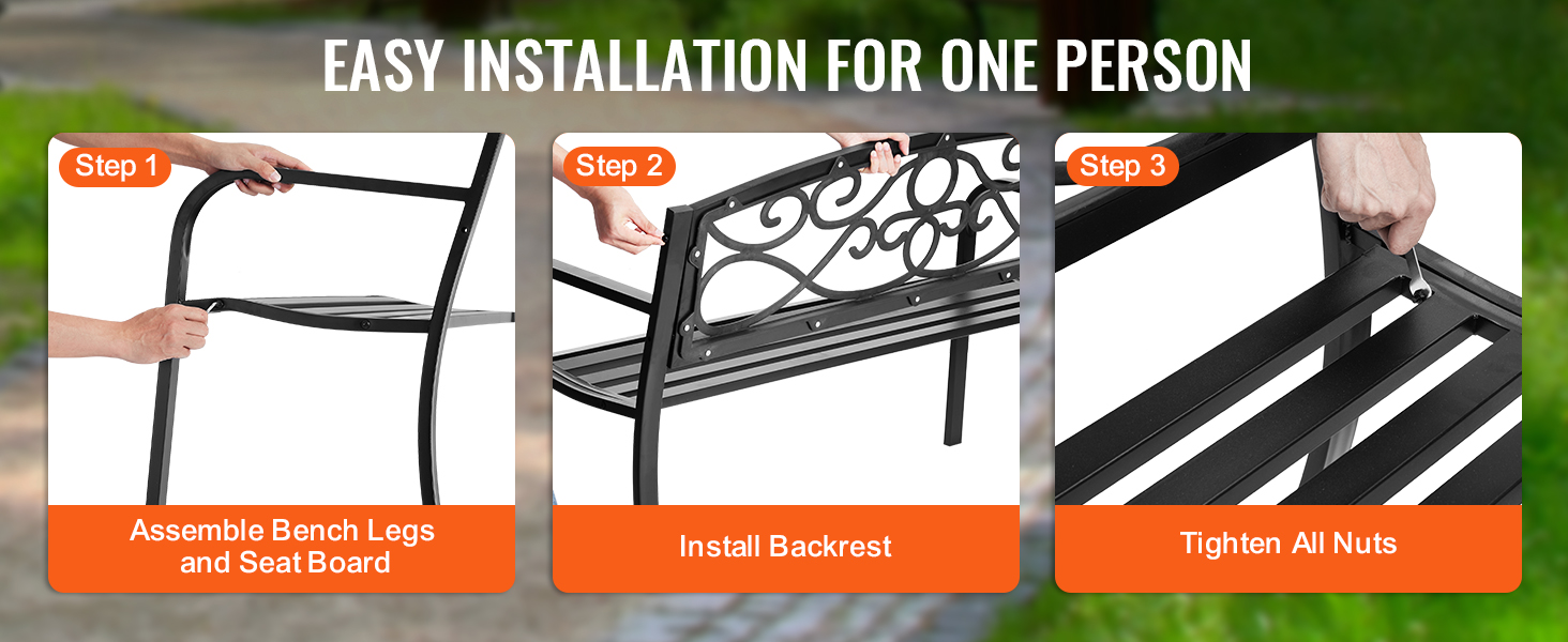 easy installation of VEVOR outdoor bench: assemble bench legs, install backrest, tighten all nuts.