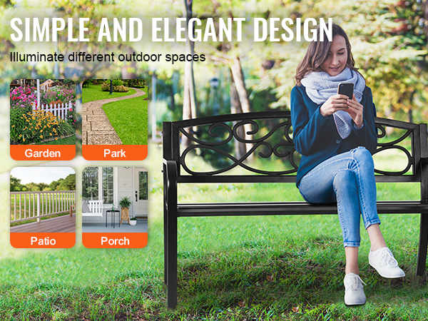 VEVOR outdoor bench, ideal for garden, park, patio, and porch, featuring elegant and simple design.