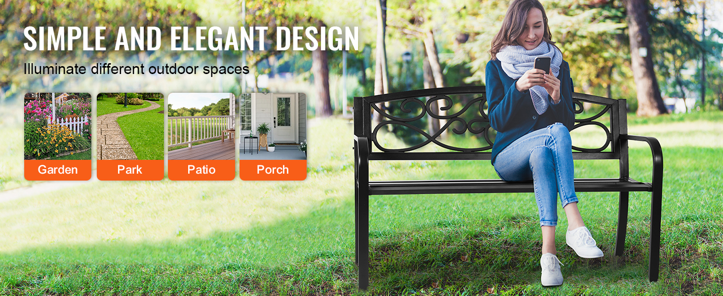 VEVOR outdoor bench, ideal for garden, park, patio, and porch, featuring elegant and simple design.