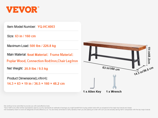 VEVOR outdoor bench, poplar wood seat with iron frame, 63 in long, max load 500 lbs, includes tools.