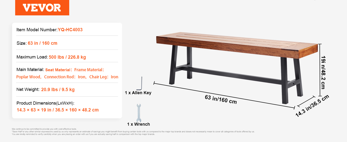 VEVOR outdoor bench, poplar wood seat with iron frame, 63 in long, max load 500 lbs, includes tools.