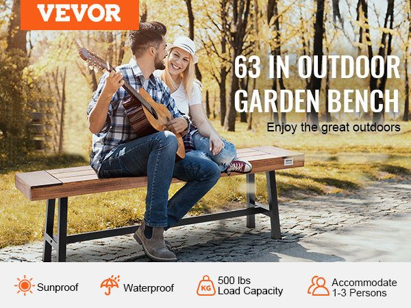 VEVOR outdoor bench in a scenic autumn park, showcasing sunproof and waterproof features.