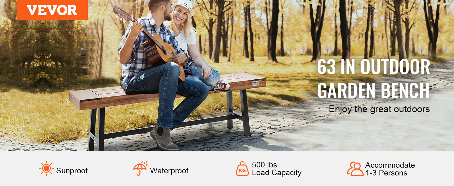 VEVOR outdoor bench in a scenic autumn park, showcasing sunproof and waterproof features.