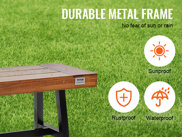 VEVOR outdoor bench in a grassy yard, highlighting its durable metal frame, sunproof, rustproof, and waterproof features.