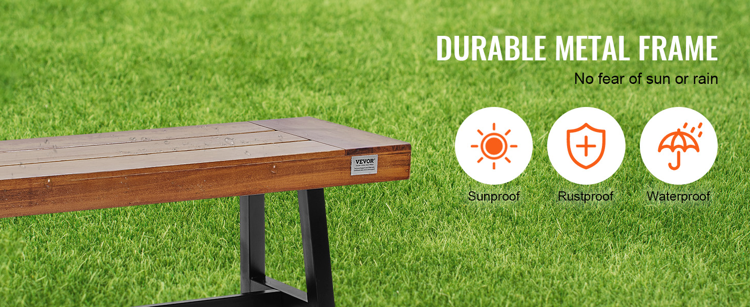 VEVOR outdoor bench in a grassy yard, highlighting its durable metal frame, sunproof, rustproof, and waterproof features.