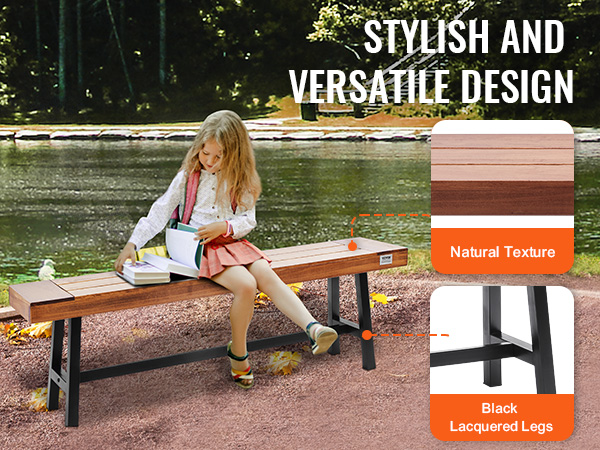 VEVOR outdoor bench with natural texture and black lacquered legs, stylish and versatile design by a pond.