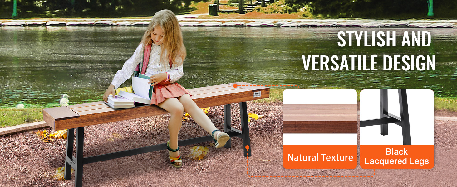 VEVOR outdoor bench with natural texture and black lacquered legs, stylish and versatile design by a pond.
