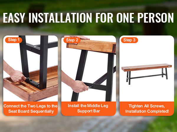 easy installation guide for assembling a VEVOR outdoor bench, showing steps from leg attachment to completion.