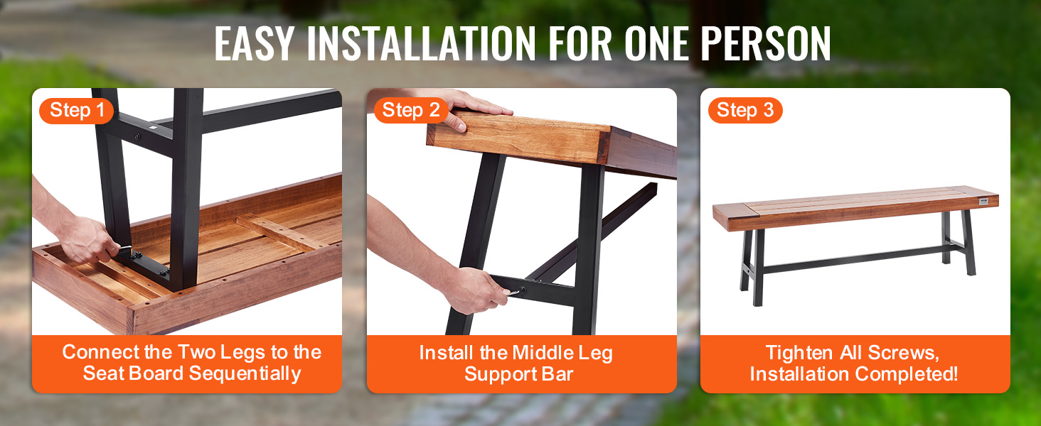 easy installation guide for assembling a VEVOR outdoor bench, showing steps from leg attachment to completion.