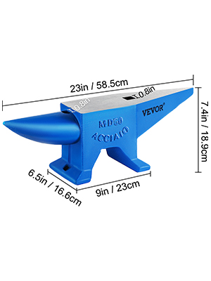 blue VEVOR anvil with measurements: 23in l, 6.5in w, 7.4in h.