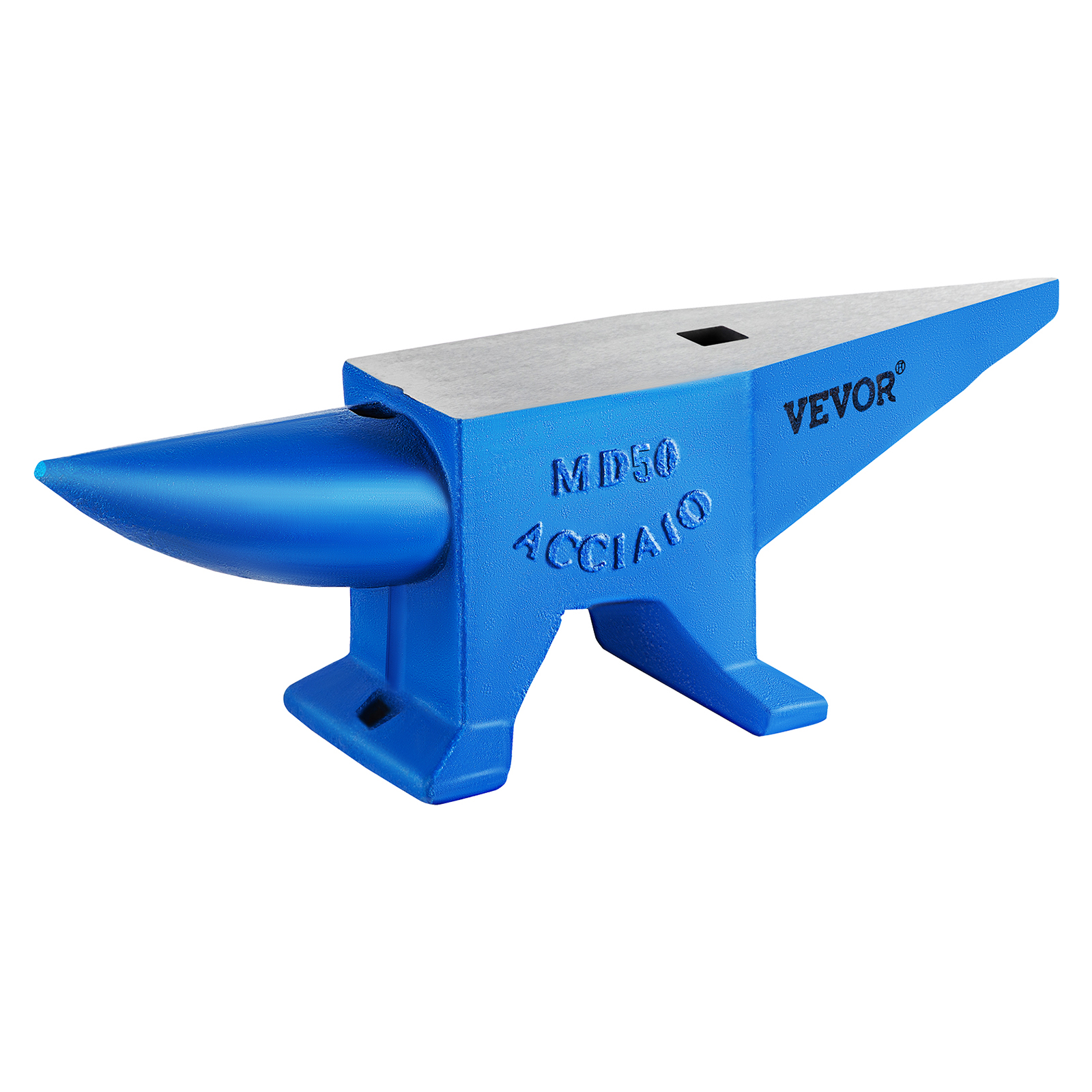 blue VEVOR anvil with white top, marked md50 acciaio, and a pointed horn.