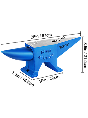 VEVOR blacksmith anvil, blue, with dimensions labeled: 26in l, 10in base, 8.5in h.