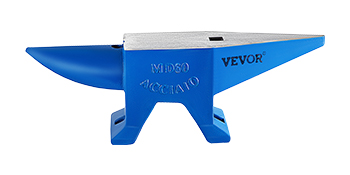 blue VEVOR blacksmith anvil with flat top and pointed horn.