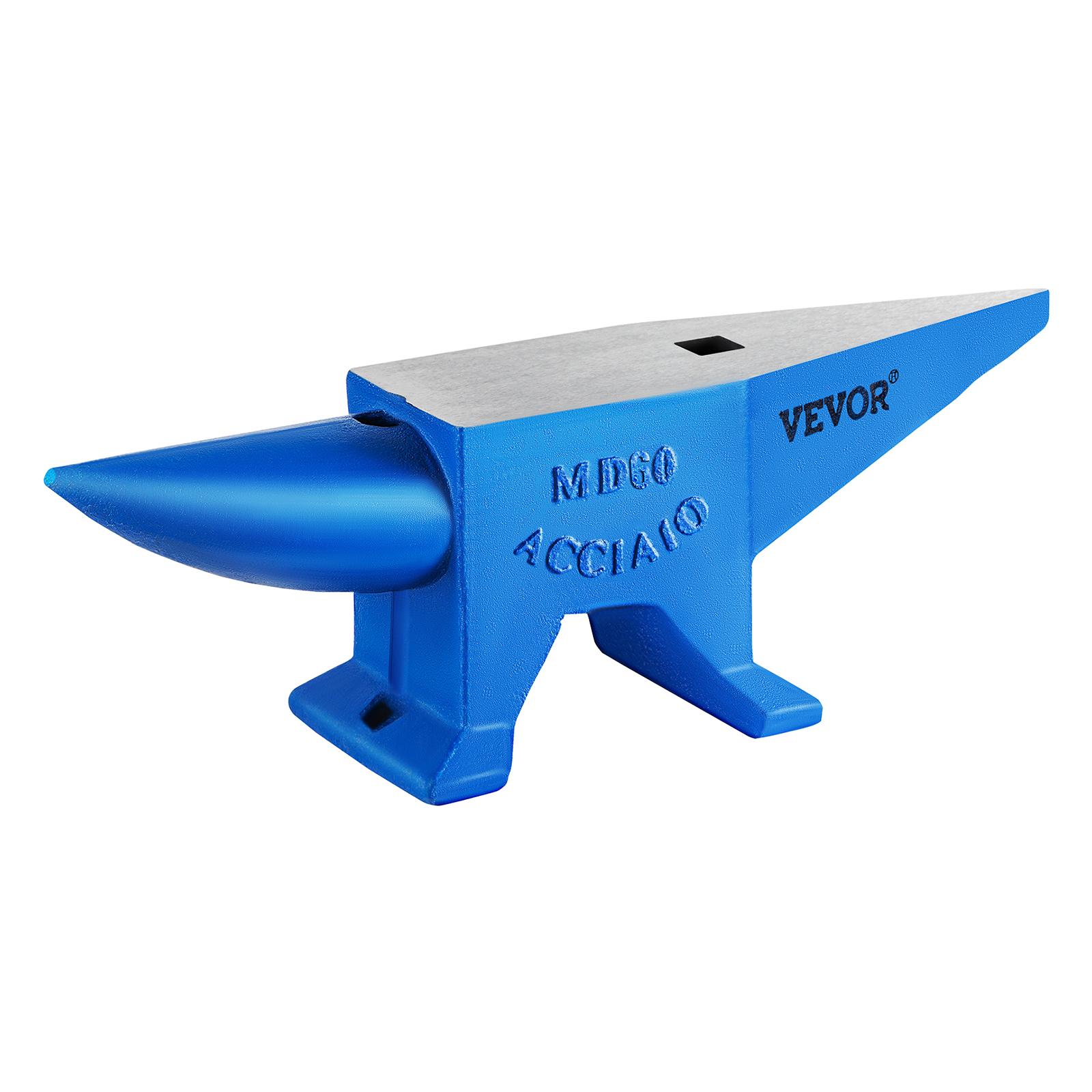 VEVOR blacksmith anvil in blue with polished steel surface.