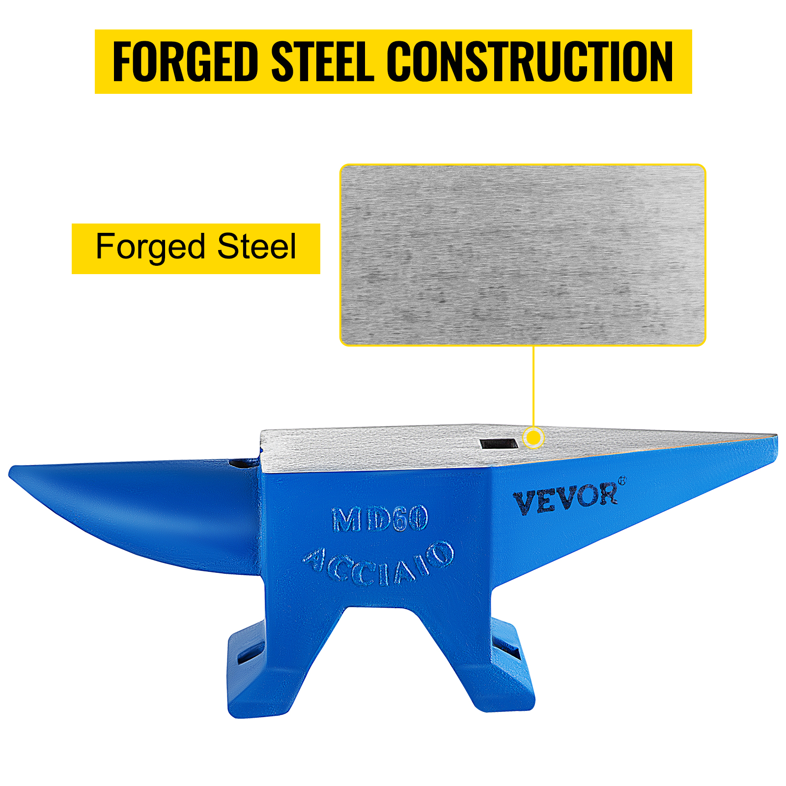VEVOR blacksmith anvil with forged steel construction and blue base.