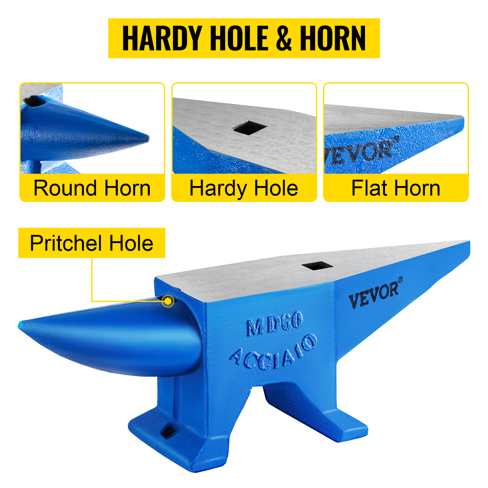 VEVOR blacksmith anvil with horn, pritchel hole, hardy hole, and flat horn.
