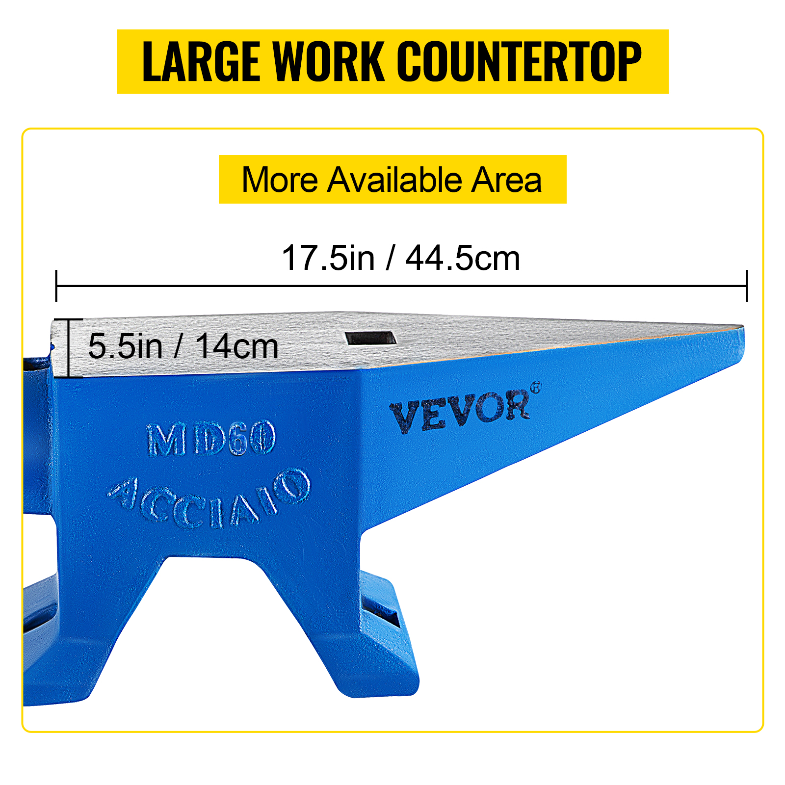 VEVOR blacksmith anvil with 17.5in x 5.5in blue base and large work countertop.