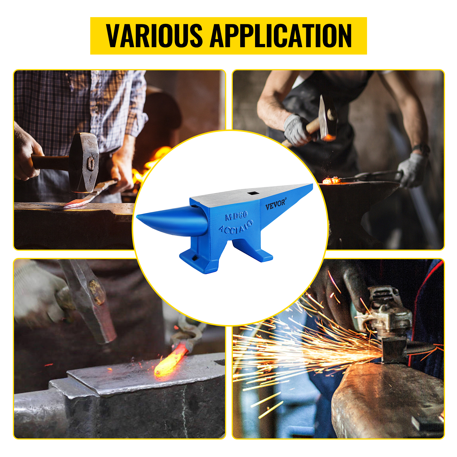 VEVOR blacksmith anvil used in various metal forging applications.