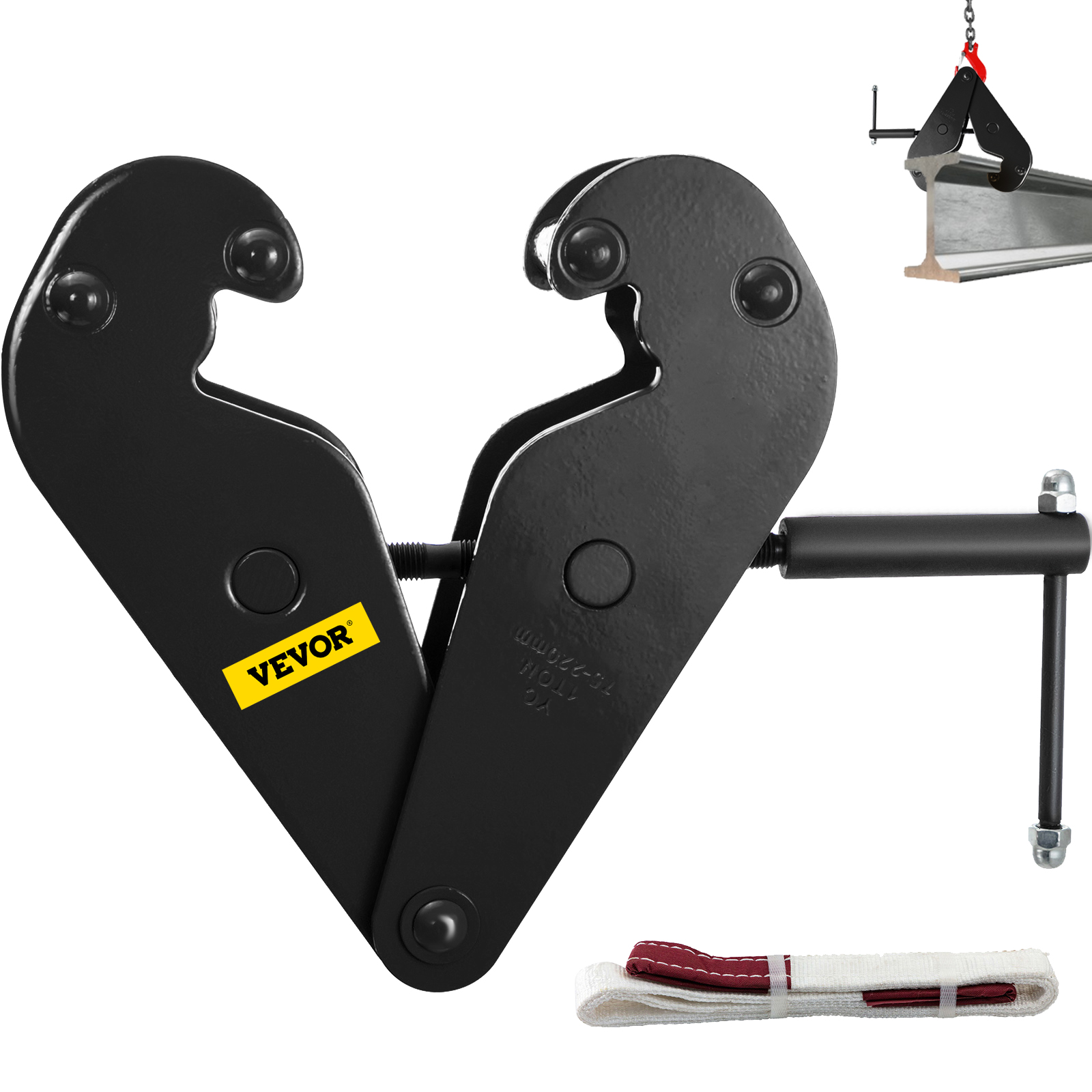 black VEVOR beam clamp with adjustable handle and strap set, perfect for heavy lifting.