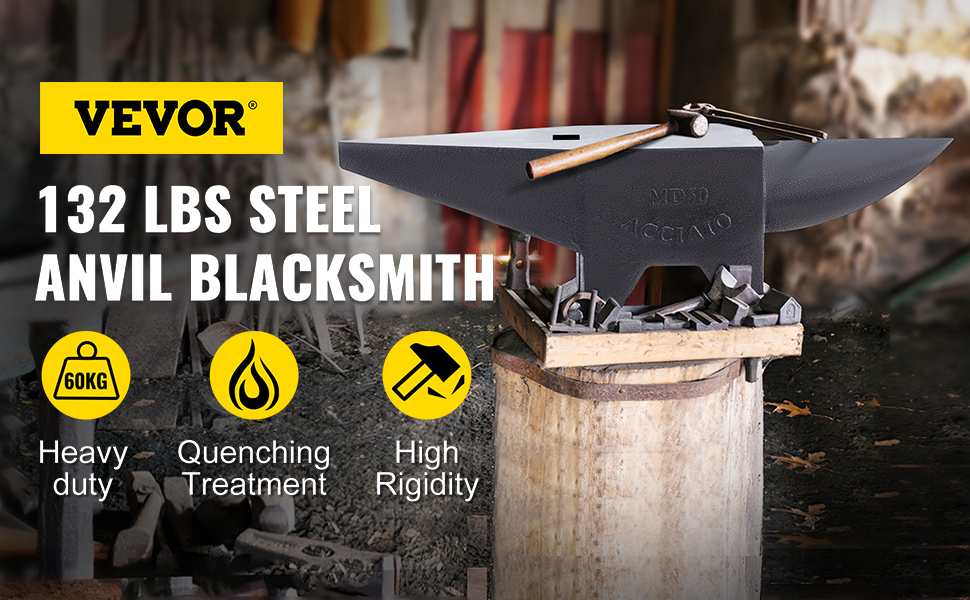 VEVOR cast iron anvil 132 lbs, blacksmith tools on stump with heavy-duty, quenching treatment, high rigidity.