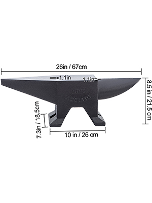 VEVOR cast iron anvil with dimensions: 26in x 10in x 8.5in, detailed side view.