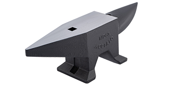black VEVOR cast iron anvil with smooth flat top, square hardy hole and curved horn.